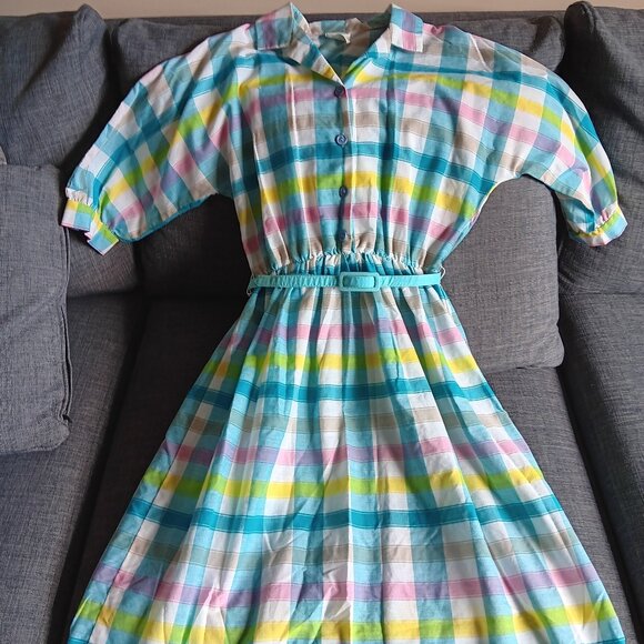 Dresses & Skirts - Vintage 80s Plaid Day Dress Pastel Cottagecore Belted 1980s